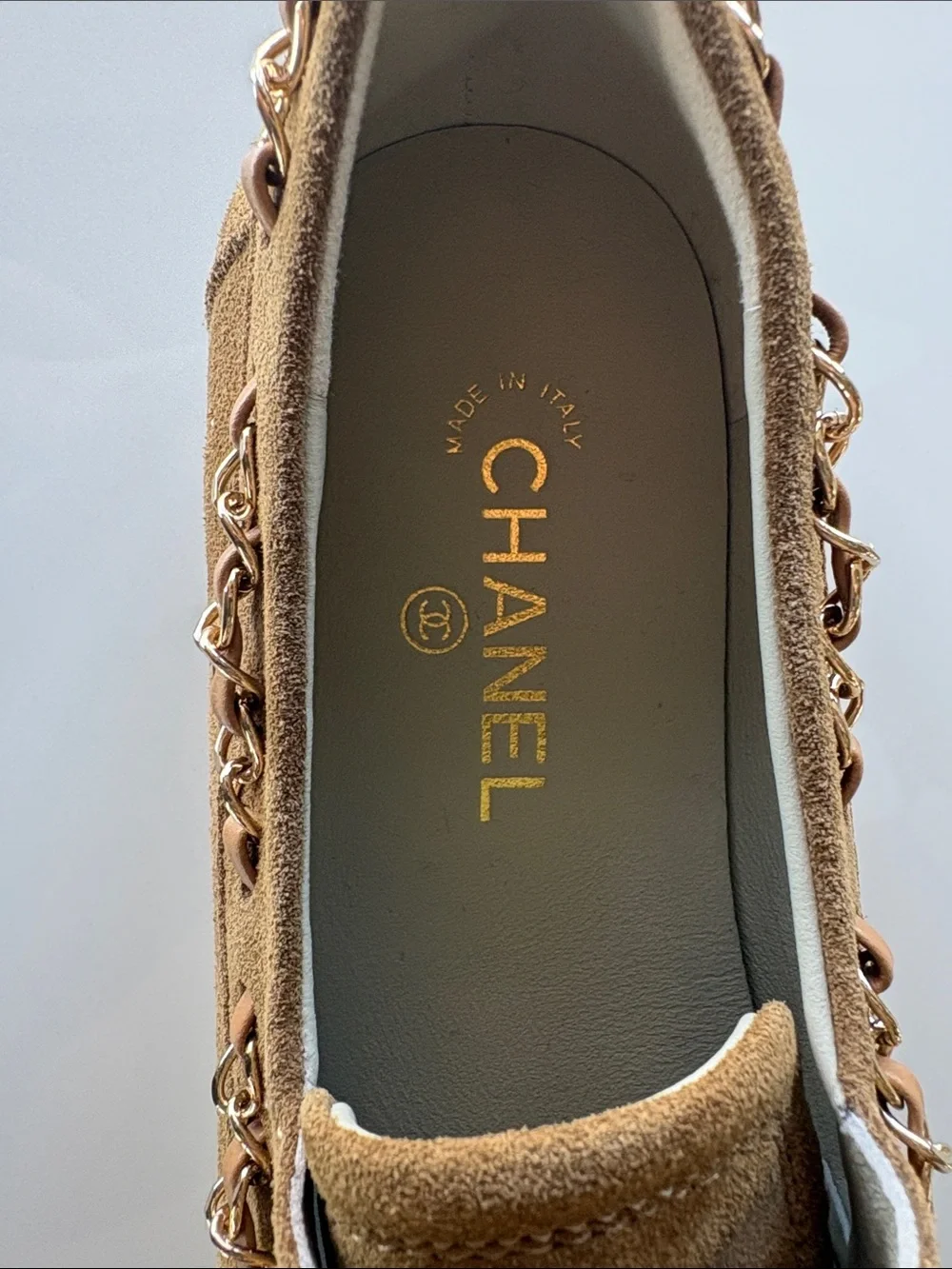 CHANEL Brown Suede & White Toe Cap Lace-Up Shoes with Chain Trim